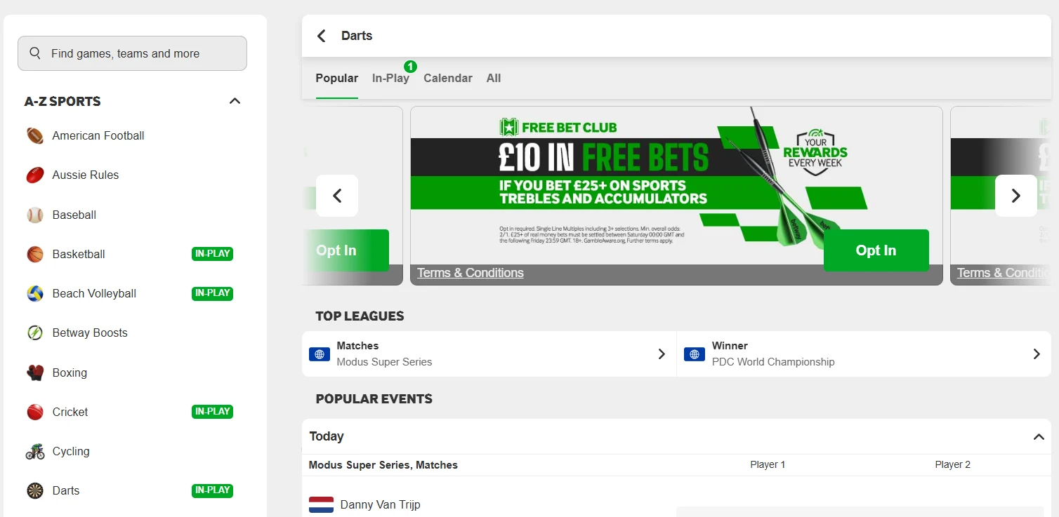 betway darts betting