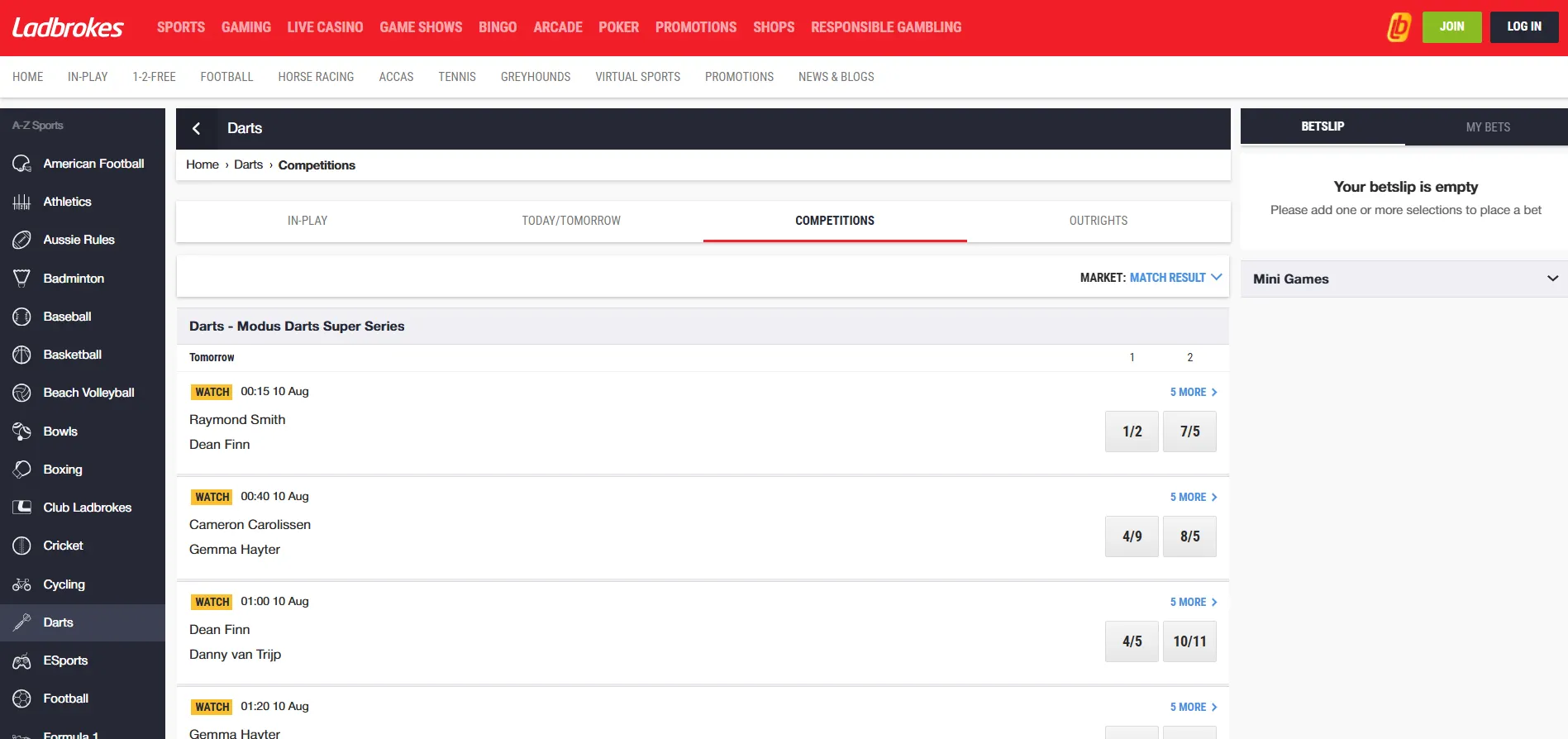 ladbrokes darts betting competitions